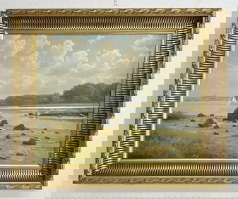 Svend Drews (1919 - 2003) o/c landscape with water & mountains in background, and sailboat on water.