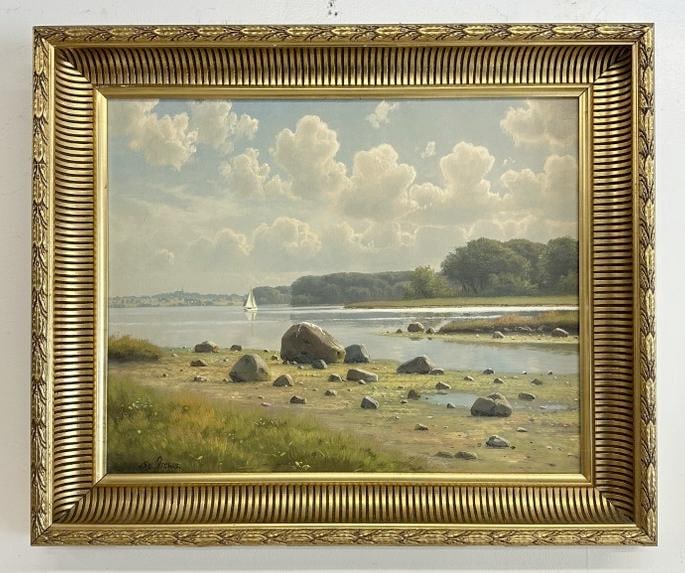 Svend Drews (1919 - 2003) o/c landscape with water & mountains in background, and sailboat on water. (1 of 4)