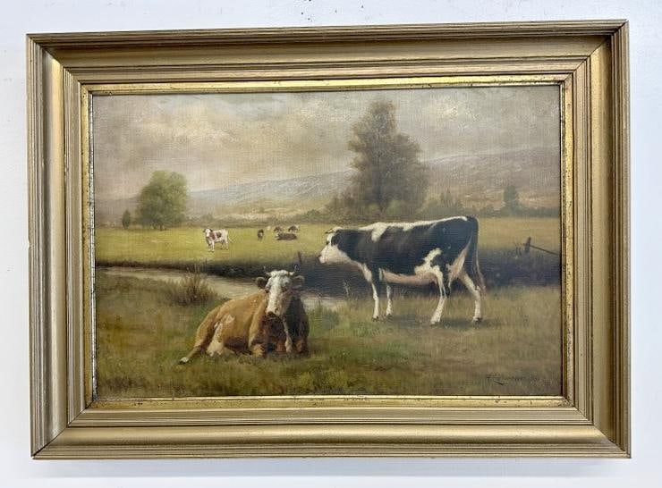 Henry Eichenhauer (20th century) o/c cows grazing with cows in background and mountains, signed (1 of 4)