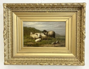 Albert Smets 19th c o/wood panel of sheep, mountains in background, signed lower left as pictured.