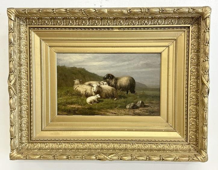 Albert Smets 19th c o/wood panel of sheep, mountains in background, signed lower left as pictured.: Albert Smets 19th c o/wood panel of sheep, mountains in background, signed lower left as pictured. In period frame with overpaint, Information on back as pictured, as to who this was painted for. With