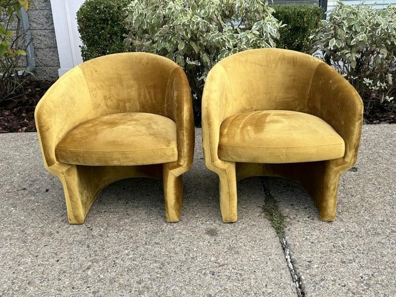 Nice pair decorative marigold yellow velvet chairs, nice condition, from local estate. (1 of 5)