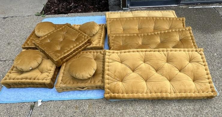 Lot of nice marigold yellow cushions ( were used on window seats throughout the house ) actually a: Lot of nice marigold yellow cushions ( were used on window seats throughout the house ) actually a mansion on the Hudson River, good lot to repurpose…..just as we found them, with tags on them…..t