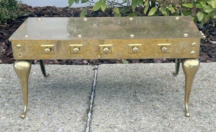 Decorative brass table, polished, nice overall condition, from a mansion on the Hudson River,: Decorative brass table, polished, nice overall condition, from a mansion on the Hudson River, measures 36" long x 16" deep x 15.5" high.