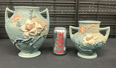 (2) ROSEVILLE Magnolia pattern vases from local estate, nice overall condition, they measure 8.5" &