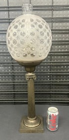 19th c brass oil lamp with original etched globe & column base, nice old patina, nice overall