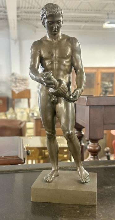 19th c bronze statue nude Man holding an urn, unsigned, nice patina, nice estate condition. Measures: 19th c bronze statue nude Man holding an urn, unsigned, nice patina, nice estate condition. Measures 12.5" high. From Hudson Valley estate….