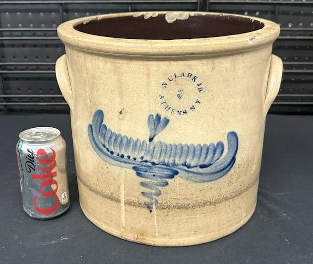 N CLARK JR. ATHENS NY 3 gallon decorated stoneware crock, with hairline and inner rim chips, from (1 of 2)
