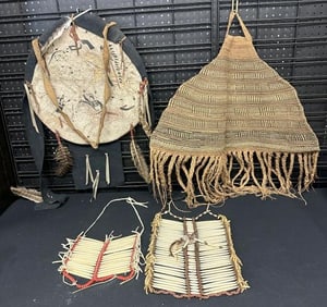 (4) pc. Native American lot to include (2) bone breast plates, large hand woven bag & decorated skin