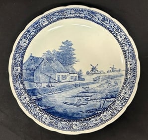 16" DELFT charger with scenic landscape center, fine condition, from local estate.