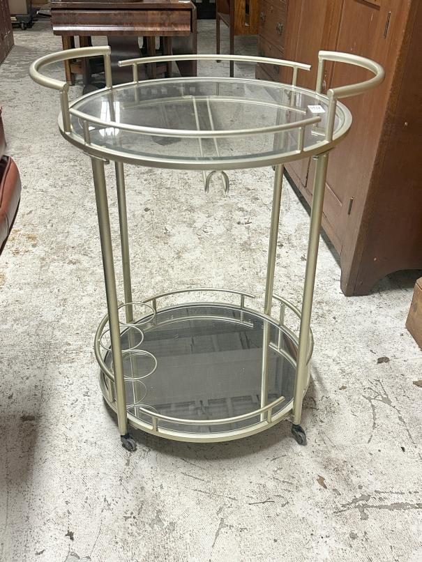 Contemporary bar cart, silverish metal finish, very nice condition, measures 26" across x 30.5" high (1 of 1)