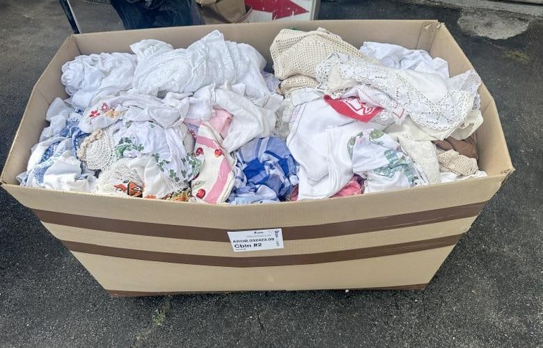 HUGE lot vintage textiles & linens from old time dealers estate, pictured in a C bin…..grat lot (1 of 4)