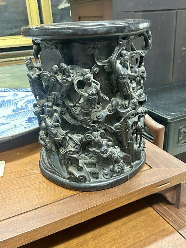 14" high heavily carved ASIAN wood vase, with figures all the way around, origin unknown to us, nice (1 of 8)