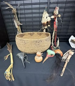 Native American misc lot including large basket ( origins unknown to us ), from local estate. Also