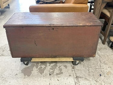 19th century dovetailed blanket box in old red paint, nice patina, till intact inside. From Hudson