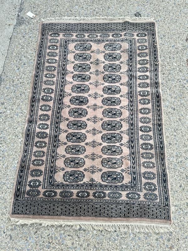 Handmade silk (?) oriental rug, mauve color, from local estate, nice overall condition, measures 60" (1 of 2)