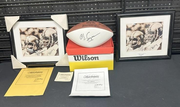 O J SIMPSON lot to include signed Wilson NFL ball & (2) framed O J Simpson & Al Cowlings 8" x 10" (1 of 5)