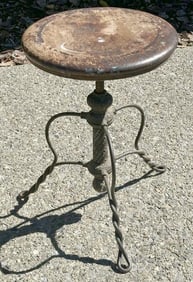 Wonderful form old iron base stool, unusual form base ( Made by TONK ), nice worn patina on top,