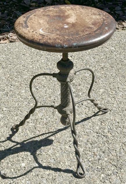 Wonderful form old iron base stool, unusual form base ( Made by TONK ), nice worn patina on top, (1 of 5)