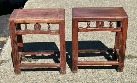 Pair Asian hardwood stands, nice old worn finish and patina, structurally sound, nice form, they