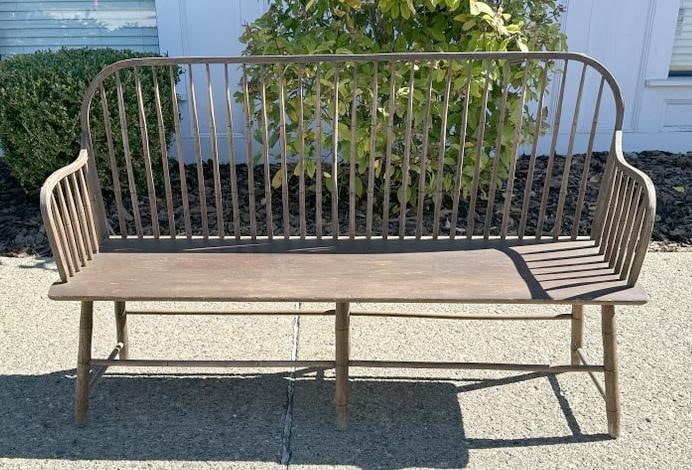 Old Windsor style bench, was used in screened in porch in Woodstock, N.Y.  Structurally sound, wear (1 of 2)