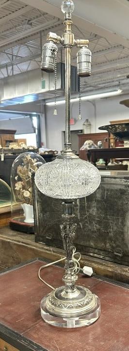Decorative silver plated made table lamp from a candlestick with (4) figures on center and cut glass (1 of 5)