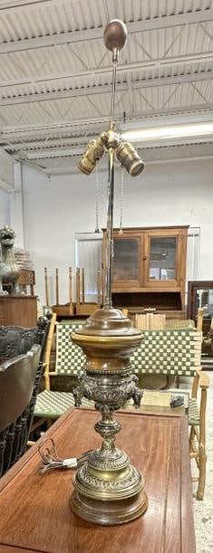 Decorative silver plated table lamp with horse heads on the center, worn patina, measures 36" high (1 of 6)