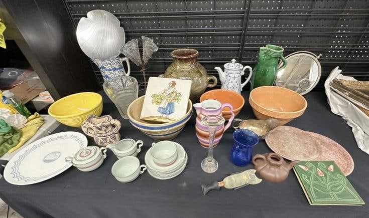 Big misc. estate lot to include pottery, glasswares, porcelain, old nickel plated adjustable wall (1 of 11)