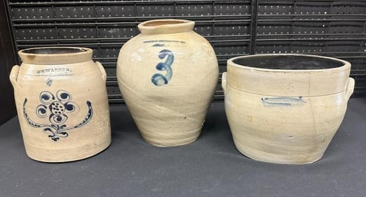 (3) Albany & Troy NY stoneware crocks, as found condition with hairline cracks, all solidly