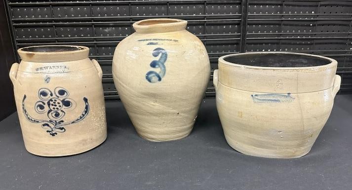 (3) Albany & Troy NY stoneware crocks, as found condition with hairline cracks, all solidly (1 of 8)