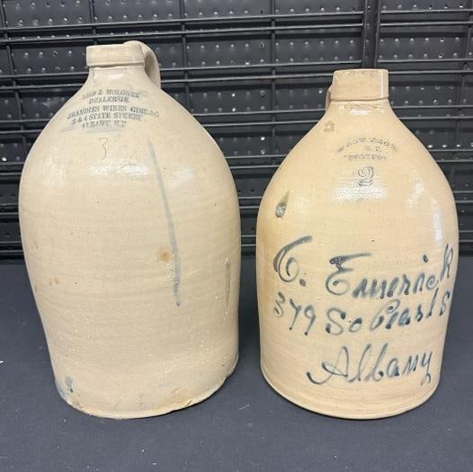(2) ALBANY NY stoneware jugs, name of Makers pictured, one is a (2) gallon & other is a (3) gallon, (1 of 7)
