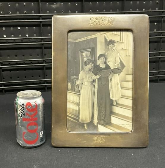 GORHAM table top picture frame, brass ( possibly silver plated at one time ), monogrammed on top and (1 of 3)