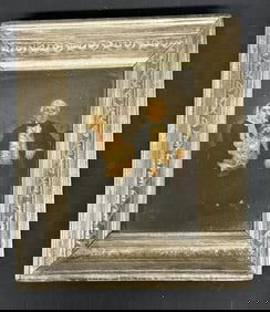 19th c o/b of older couple with young child, unsigned, in frame of the period, the painting measures