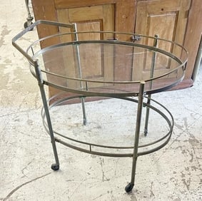 Decorative brass bar cart, from local estate, nice condition, nice patina on the brass, measures 30"