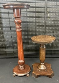 (2) older pedestals, the taller one is mahogany and the smaller one is oak, both structurally sound,