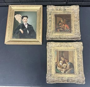 (3) Continental paintings in as found estate condition. The portrait is an oil on canvas with rips