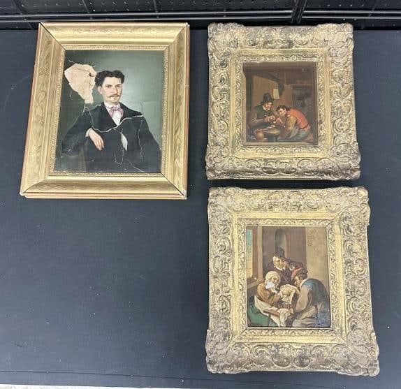(3) Continental paintings in as found estate condition. The portrait is an oil on canvas with rips: (3) Continental paintings in as found estate condition. The portrait is an oil on canvas with rips and separated piece off as pictured, canvas measures 11.5" x 9.5", the other two in matching frames a