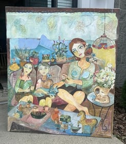Sandra Dooley (Born 1964) large o/c with Mother & children seated with dog in son's lap, signed