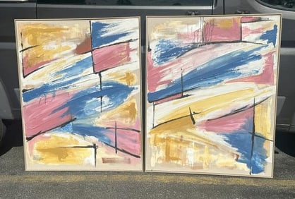 (2) abstract contemporary o/c, unsigned, measure 50" high x 40" wide, nice condition, from Hudson