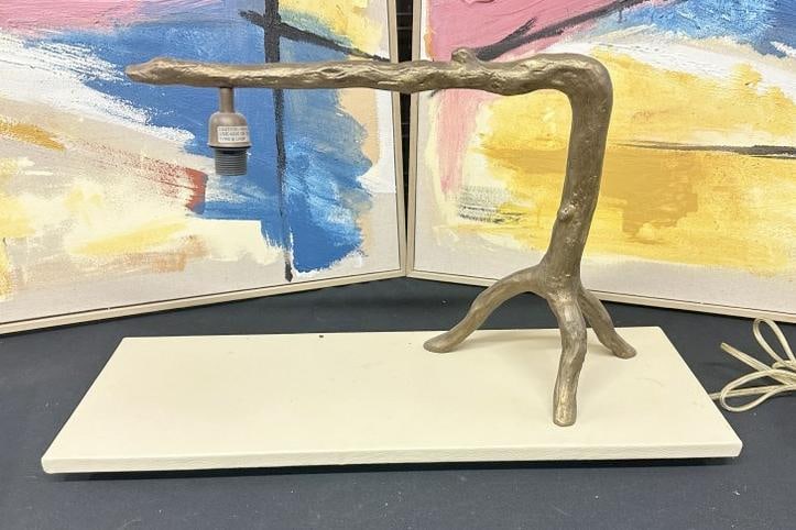 Cast bronze contemporary branch form table lamp, unsigned, no shade, on base, measures 16" long x (1 of 2)