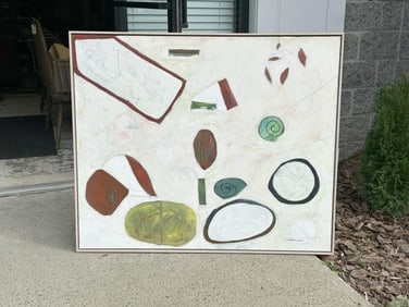 Contemporary abstract o/c with figures, initialled on back, titled ( THE LOVE LOOK ), nicely framed,