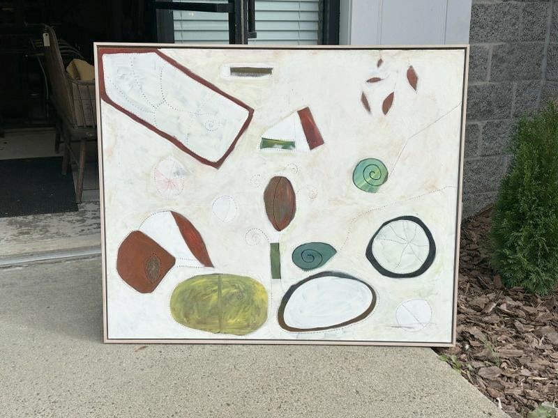 Contemporary abstract o/c with figures, initialled on back, titled ( THE LOVE LOOK ), nicely framed, (1 of 4)