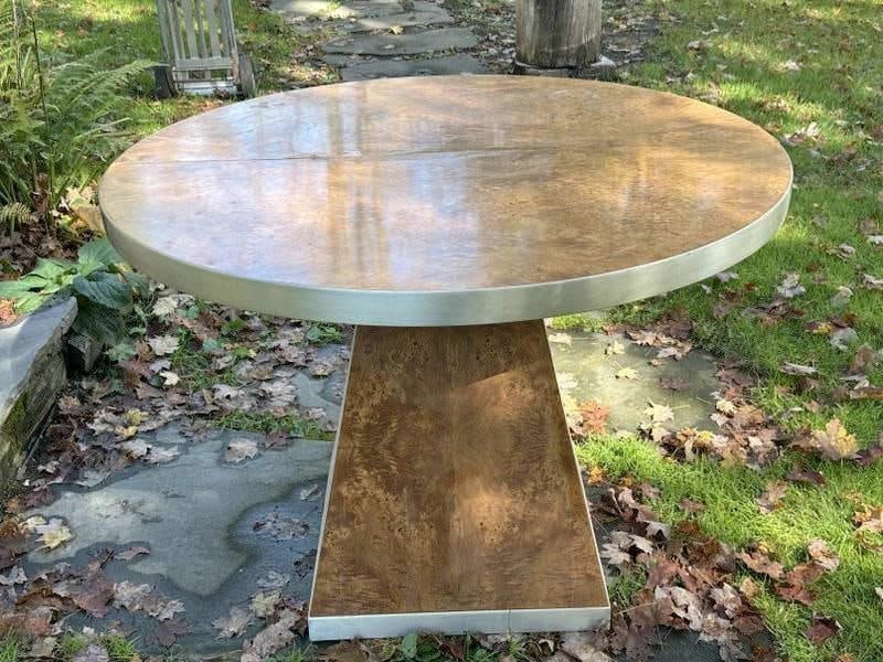 Vintage PIERRE CARDIN round burl dining table with (1) leaf…..and fabulous burl base…..from fine (1 of 6)