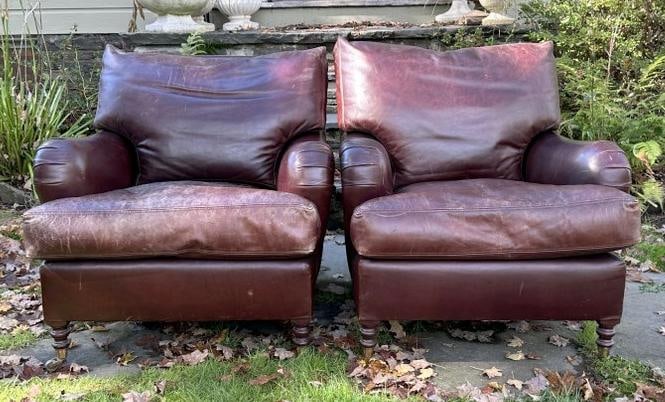 Pair fabulous GEORGE SMITH leather chairs, wonderful lightly worn patina, from fine estate in Hudson (1 of 6)