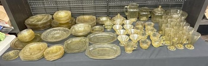 (89) pices of yellow depression glass including hard to find pieces, includes dinner plates, plates