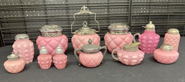 (12) pcs. Pink satin glass from local estate collection, nice overall condition, with some covered