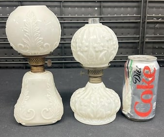 (2) miniature white glass oil lamps from local estate, nice condition, one has a chimney, one does