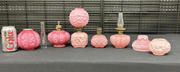 Miniature oil lamp lot including Satin glass, and some bases and tops that don't match, just as we