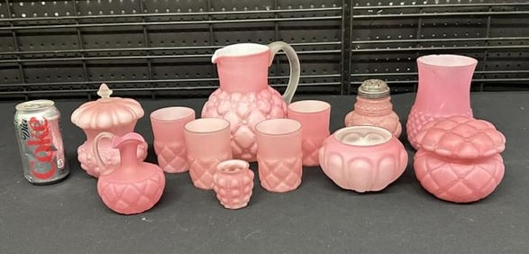 Pink satin glass & some cased glass pieces lot, from local estate, the pitcher with (4) glass has