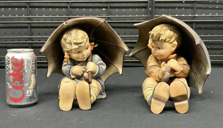 8" high HUMMEL UMBRELLA BOY & GIRL, from local estate collection. ( Umbrella Girl has the tip of (1 of 6)